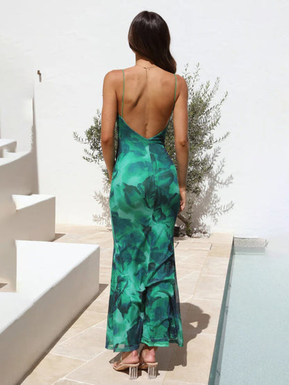 Style slim and elegant printed backless suspender dress with generous square collar