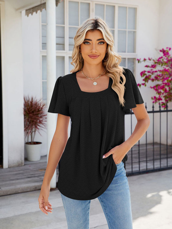 Women's Square Neck Bell Sleeve Pleated Short Sleeve Loose T-Shirt