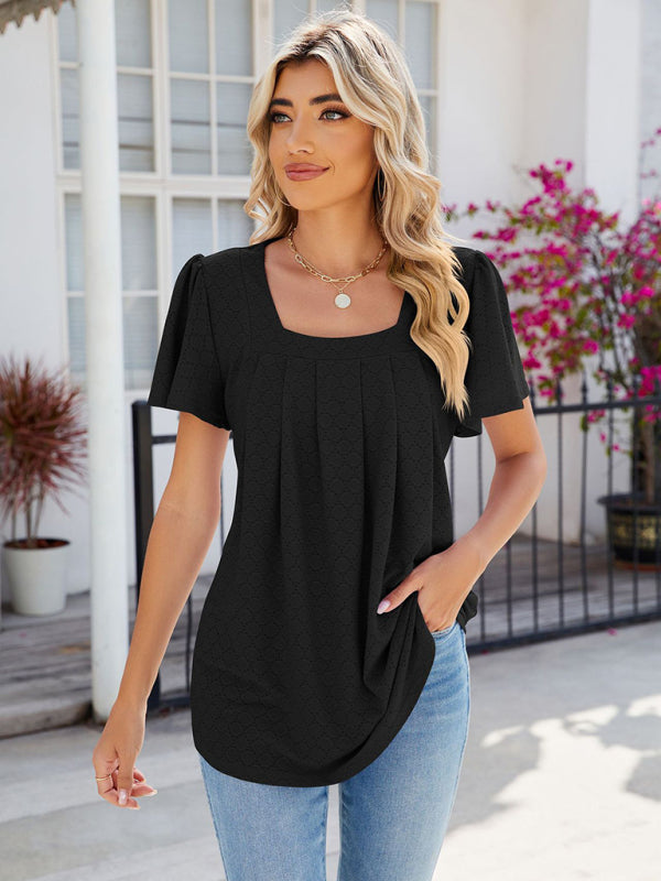 Women's Square Neck Bell Sleeve Pleated Short Sleeve Loose T-Shirt