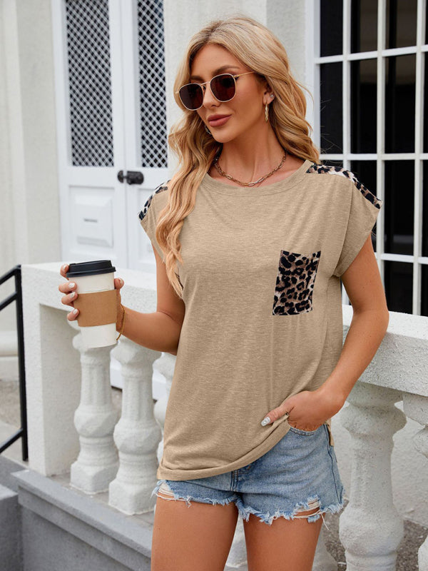 Women's round neck short-sleeved leopard print pocket casual T-shirt
