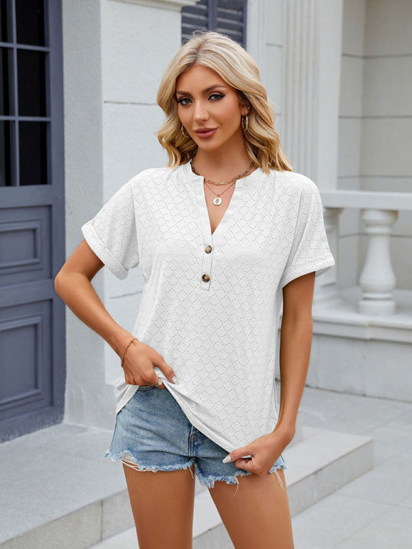 Women's V-neck button solid color circle loose short-sleeved T-shirt