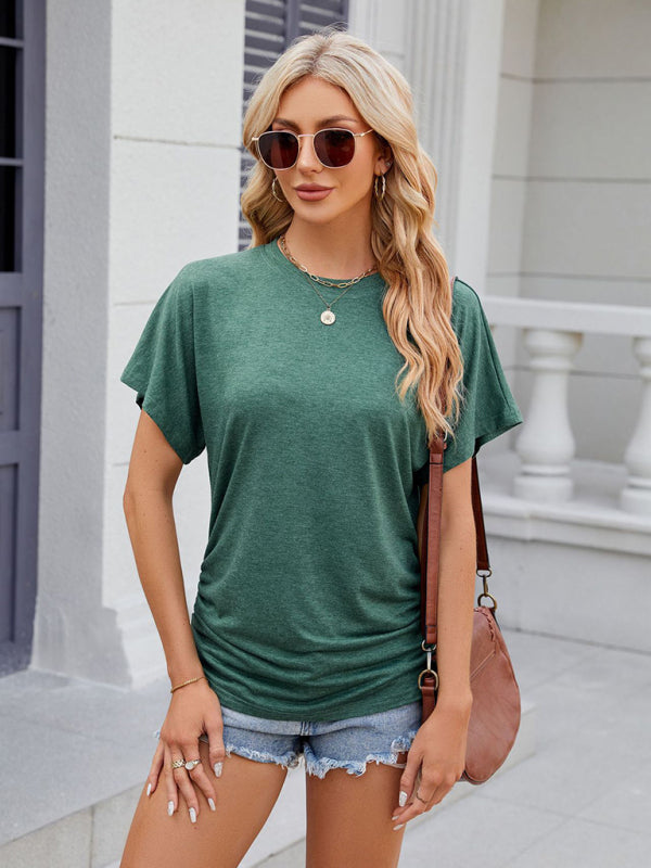 Women's round neck pleated solid color short-sleeved loose T-shirt top