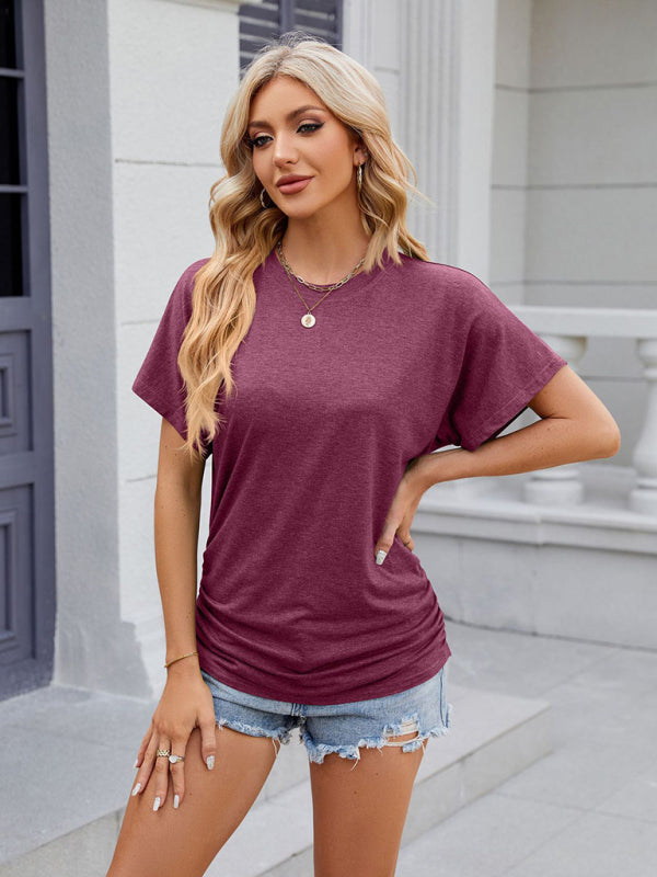 Women's round neck pleated solid color short-sleeved loose T-shirt top