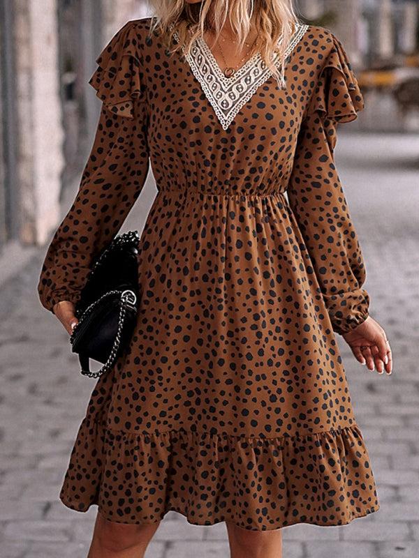 Women's ruffled lace patchwork V-neck dress