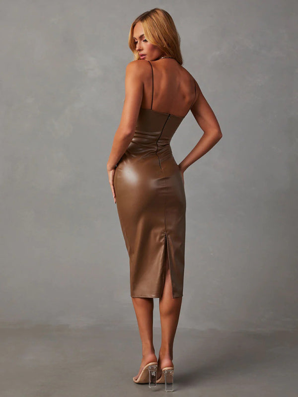 New sexy strapless PU leather slit hip-covering backless dress