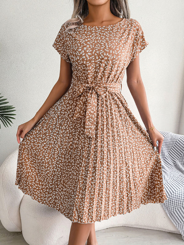 New women's casual short-sleeved floral large hem pleated dress