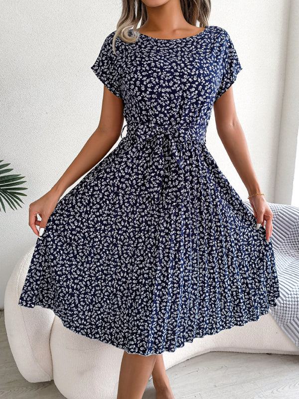 New women's casual short-sleeved floral large hem pleated dress