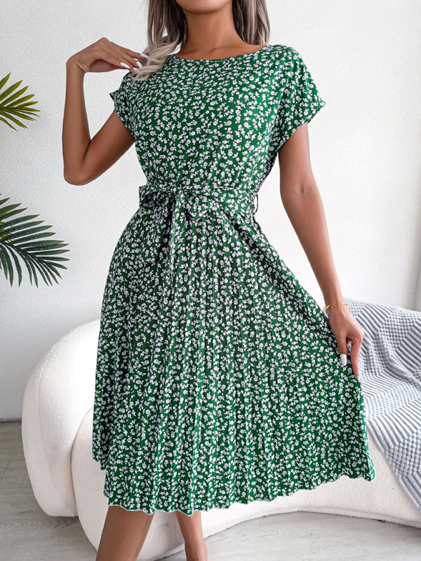 New women's casual short-sleeved floral large hem pleated dress