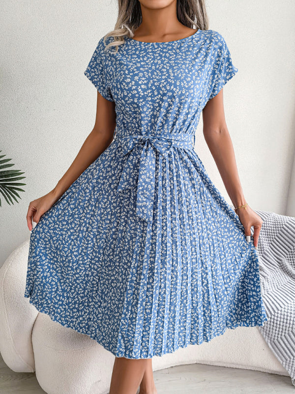 New women's casual short-sleeved floral large hem pleated dress
