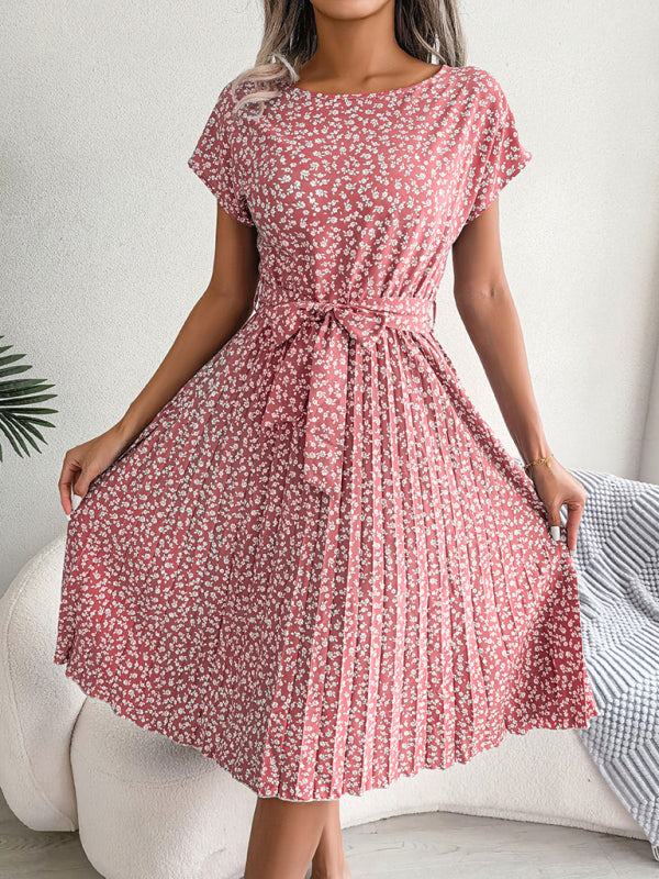 New women's casual short-sleeved floral large hem pleated dress
