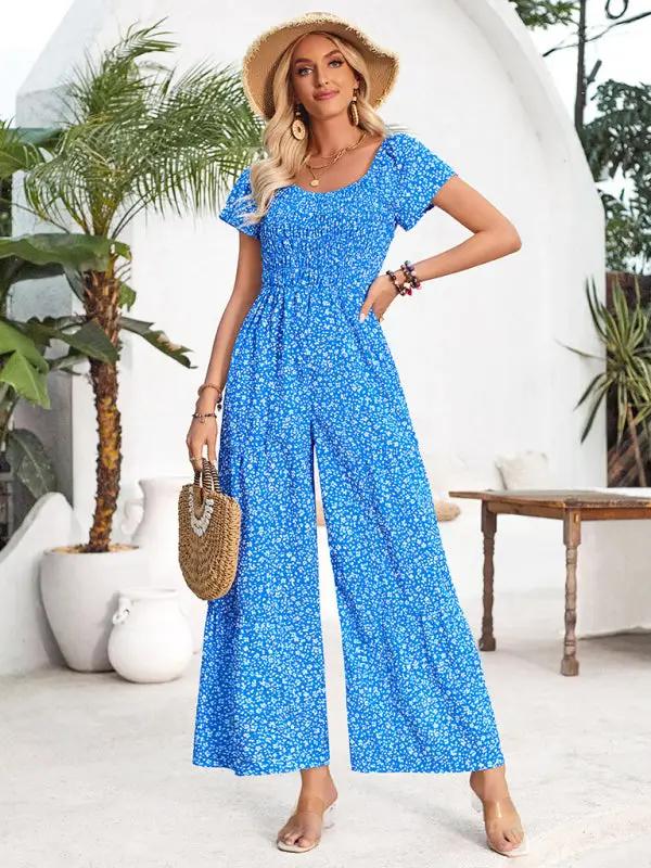 Women's small floral print round neck jumpsuit