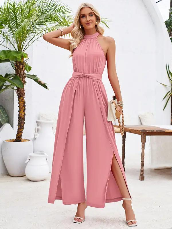 Women's solid color halterneck strappy jumpsuit