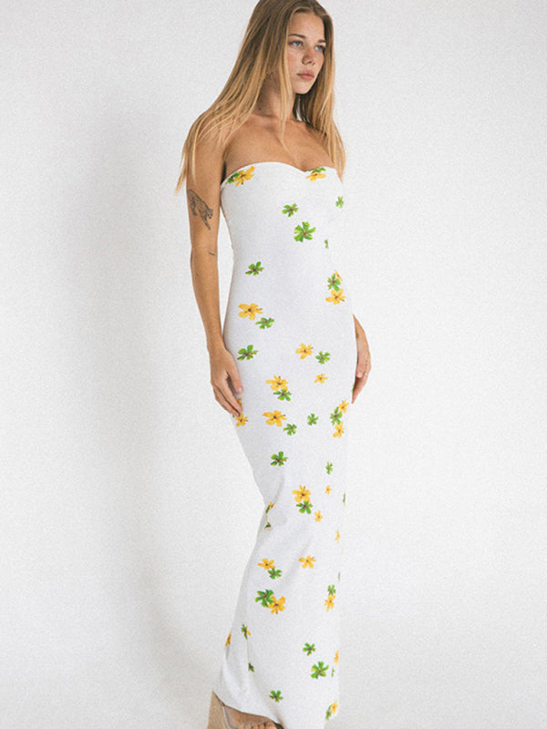 Women's floral print high waist tube top long dress