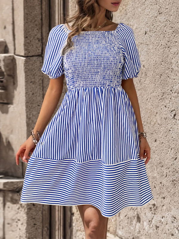 New fashionable puff sleeve striped skirt lapel short sleeve strappy backless dress