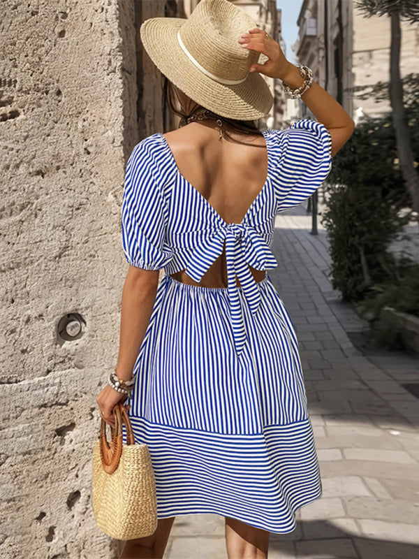 New fashionable puff sleeve striped skirt lapel short sleeve strappy backless dress