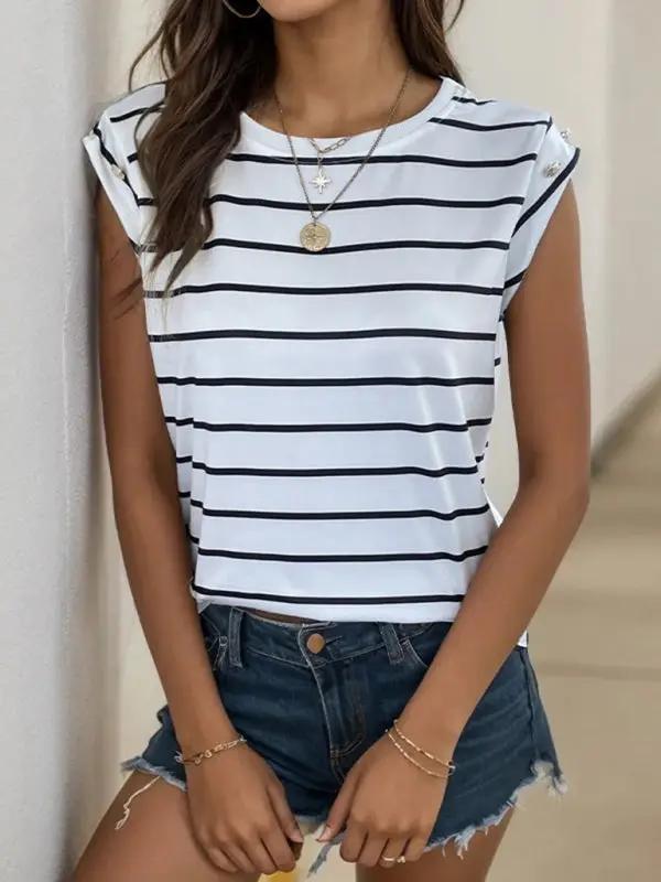 Women's new casual sleeveless striped T-shirt