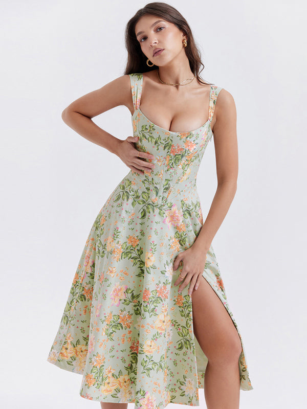 Women's Slim Suspender Sexy Slit Floral Dress