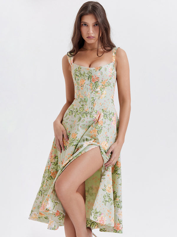 Women's Slim Suspender Sexy Slit Floral Dress