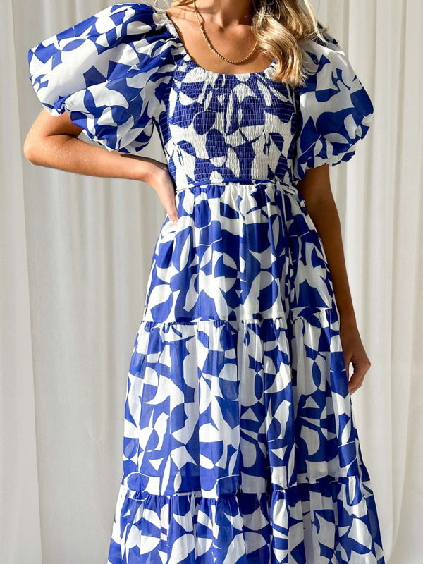Women's Elegant Printed One Shoulder Puff Sleeve Fashion Dress