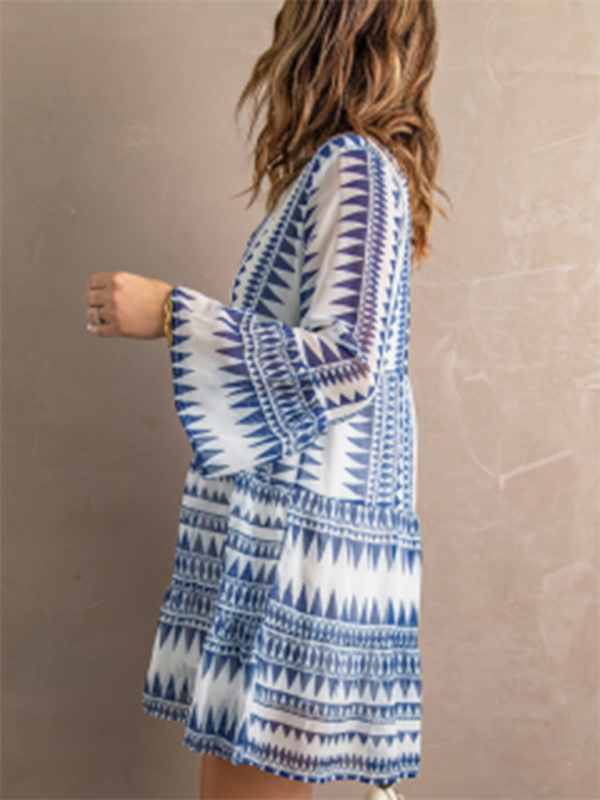 Women's resort style printed short skirt deep v-neck long sleeve dress