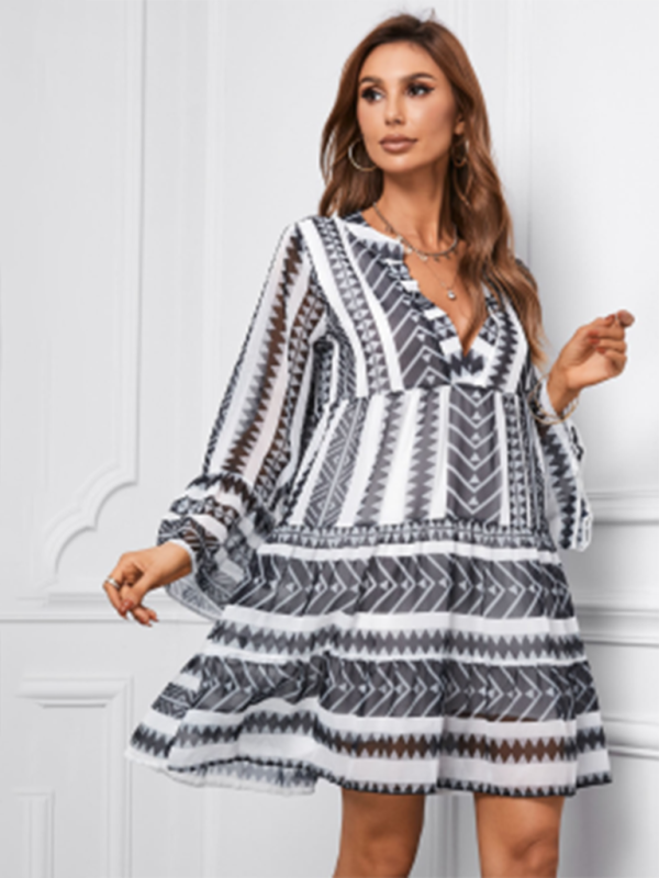 Women's resort style printed short skirt deep v-neck long sleeve dress