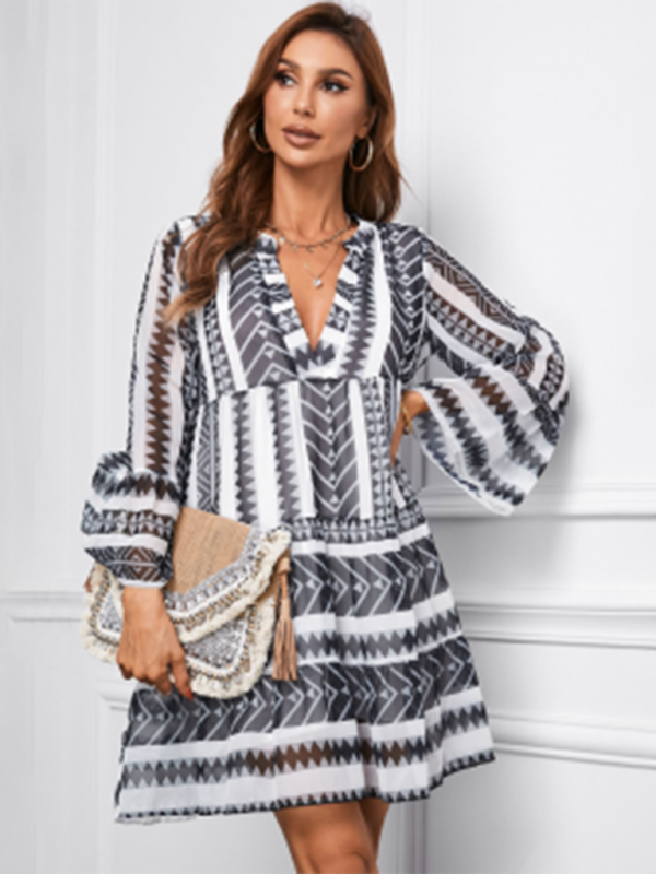 Women's resort style printed short skirt deep v-neck long sleeve dress