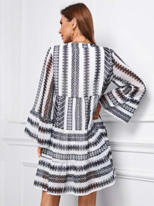 Women's resort style printed short skirt deep v-neck long sleeve dress