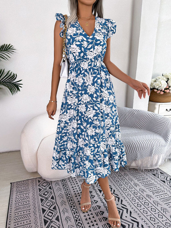 Women's printed V-neck floral waistband holiday dress
