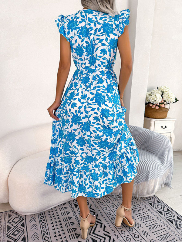 Women's printed V-neck floral waistband holiday dress