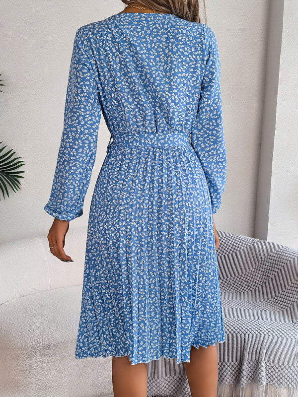 Women's casual long-sleeved floral large hem pleated dress