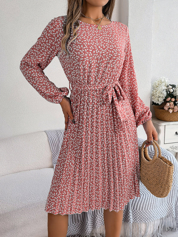 Women's casual long-sleeved floral large hem pleated dress