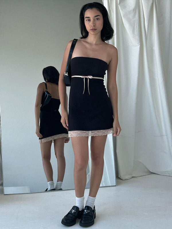 Women's Solid Color Slim Fashion Straight Neck Wrap-Up Dress