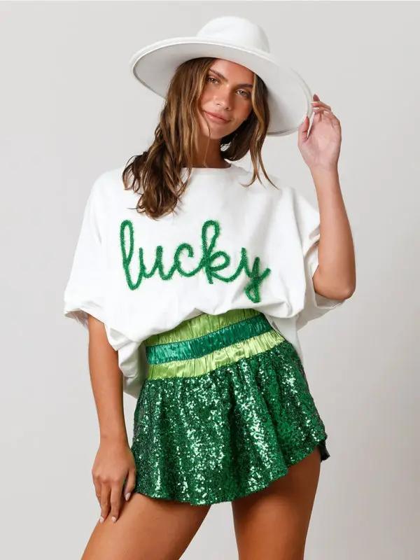 Women's St. Patrick's sequin top loose T-shirt