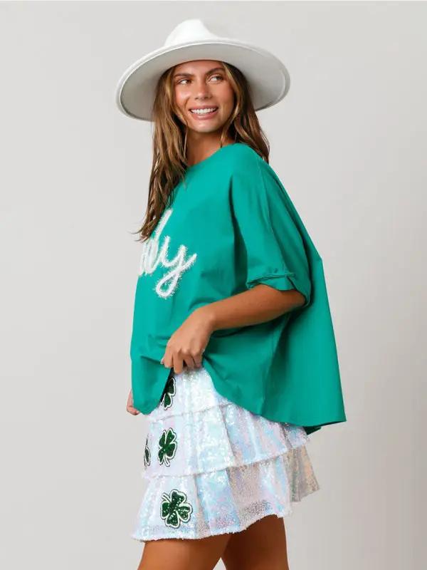 Women's St. Patrick's lucky sequined top loose T-shirt