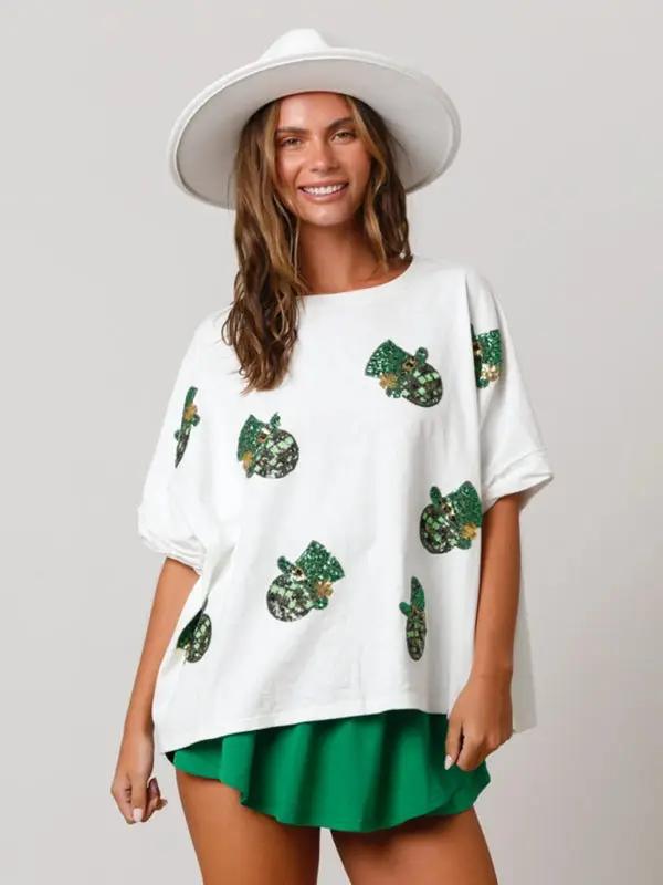 Women's St. Patrick's Hat Sequin Top Loose T-Shirt