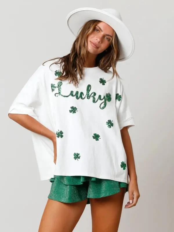 Women's St. Patrick's lucky four-leaf clover sequined top loose T-shirt