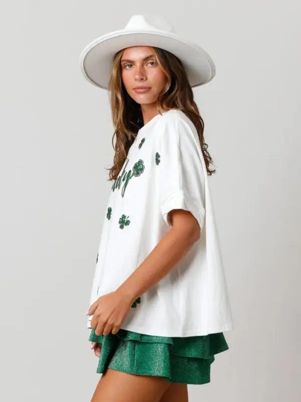 Women's St. Patrick's lucky four-leaf clover sequined top loose T-shirt