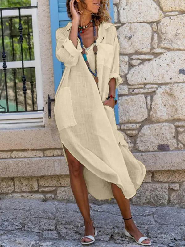 Solid color buttoned slit loose breathable casual long shirt dress