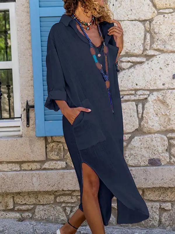 Solid color buttoned slit loose breathable casual long shirt dress