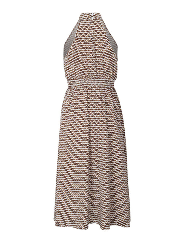 New elegant halterneck high-waist corrugated sleeveless A-line dress