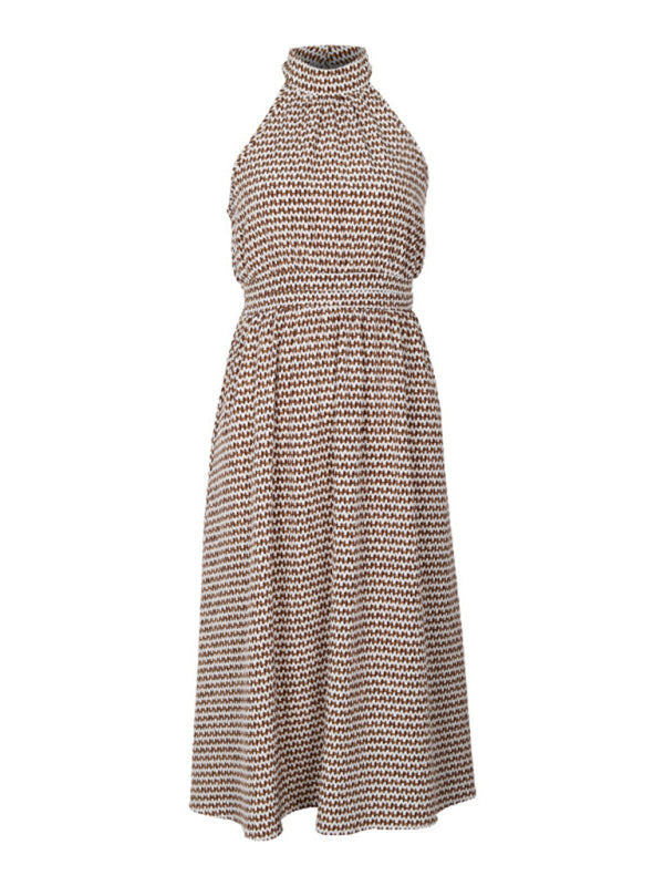 New elegant halterneck high-waist corrugated sleeveless A-line dress