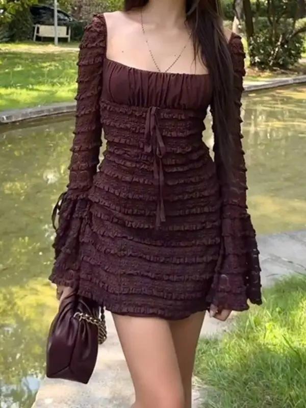 Women's sexy square neck low-cut trumpet sleeve hip-covering dress