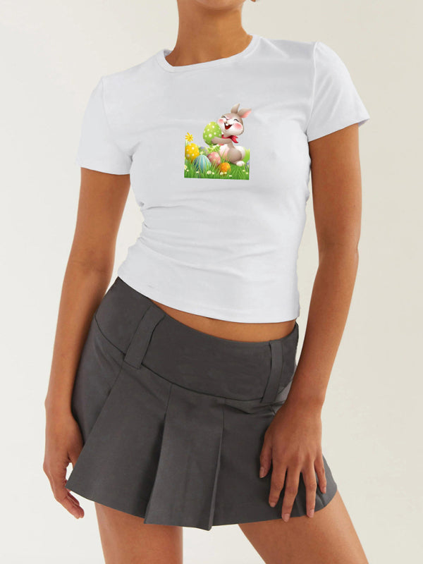 Women's new Easter egg bunny printed T-shirt Y2K tight top printed T-shirt