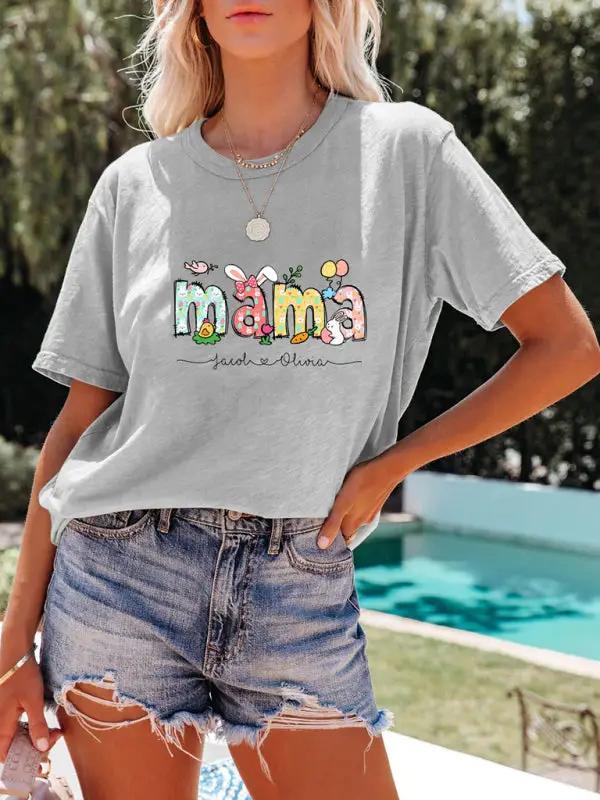Women's MAMA Letter Round Neck Rabbit Easter Casual Short Sleeve T-Shirt