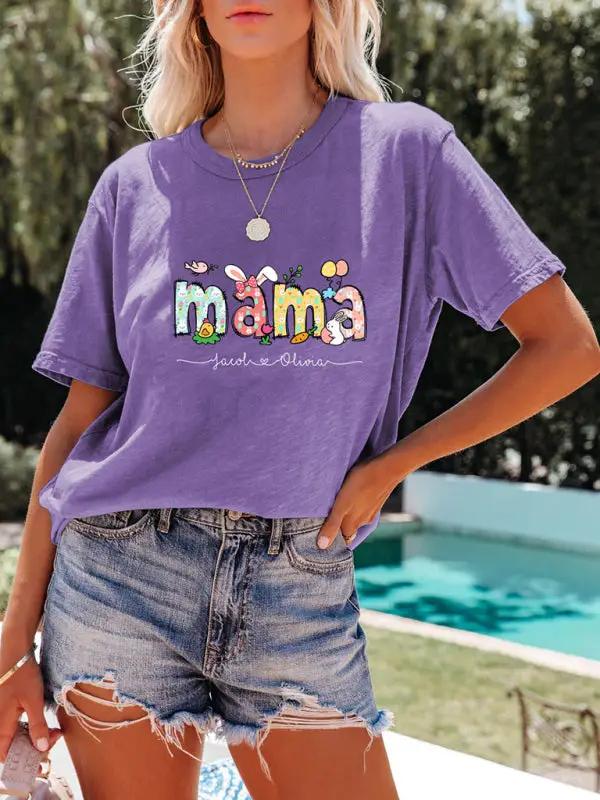 Women's MAMA Letter Round Neck Rabbit Easter Casual Short Sleeve T-Shirt