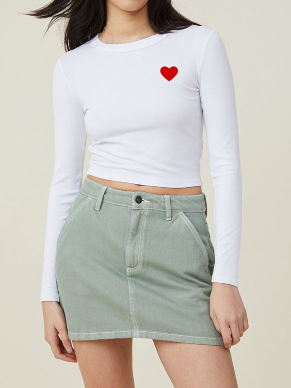 Women's Basics Red Heart Balloon Small Label Print Slim Fit Long Sleeve T-Shirt Top