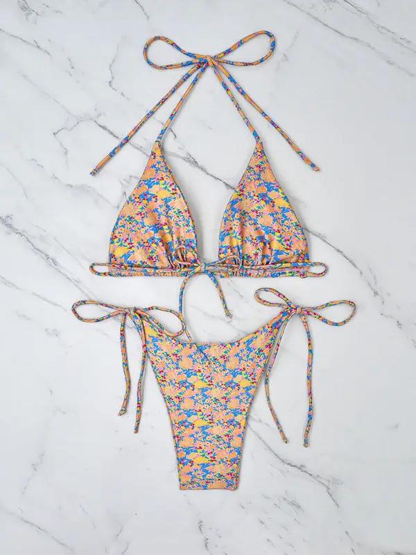 Small floral lace-up bikini beach sexy split swimsuit