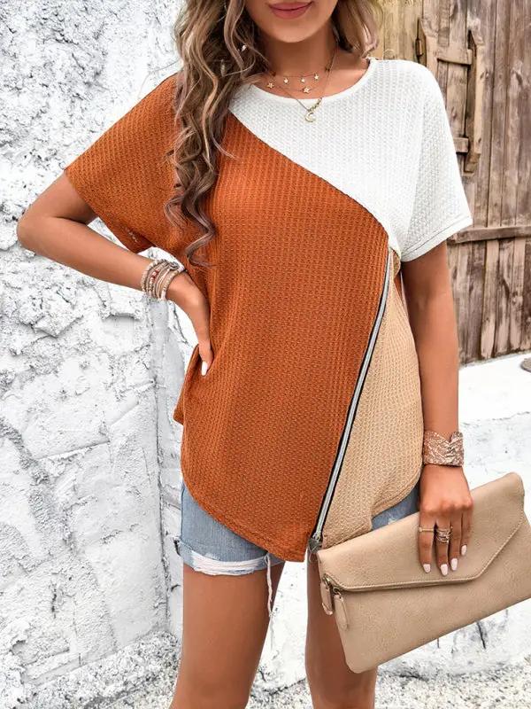 Women's casual color-blocked round neck T-shirt