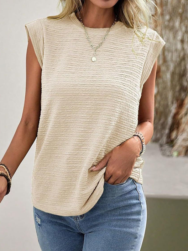Women's Solid Color Pleated Round Neck Short Sleeve Fashion Casual T-Shirt