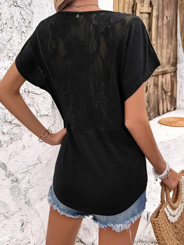 Women's elegant V-neck pleated patchwork short-sleeved T-shirt top